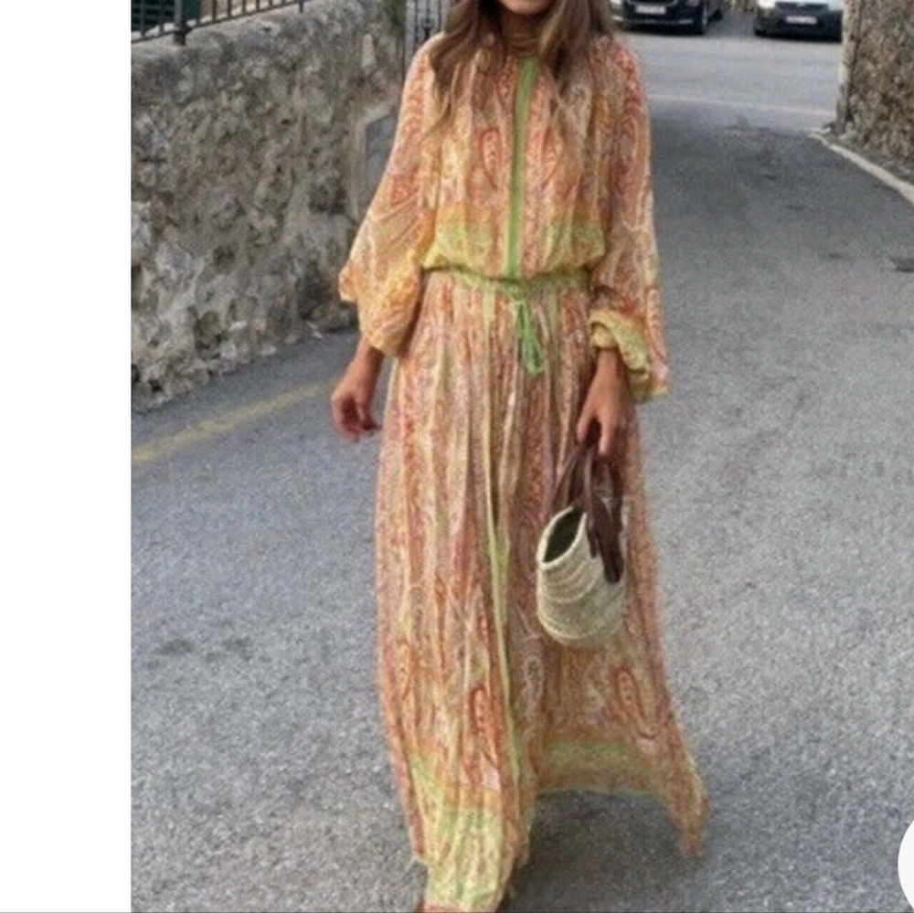 WOMEN'S ZARA BOHO PAISLEY SET MAXI SKIRT & SHIRT TOP BLOUSE SZ XS/S $120 - Picture 2 of 4